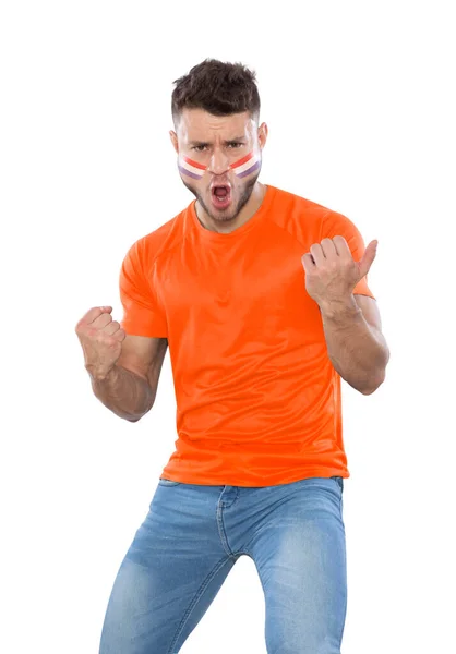 Abanico Fútbol Con Camiseta Naranja Cara Pintada Con Bandera Los — Foto de Stock