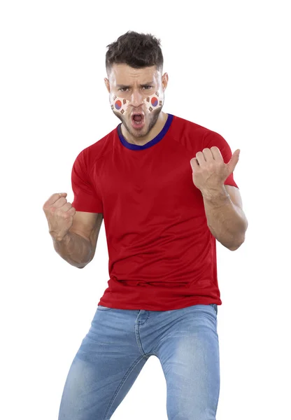 Abanico Fútbol Con Camiseta Roja Cara Pintada Con Bandera Del — Foto de Stock