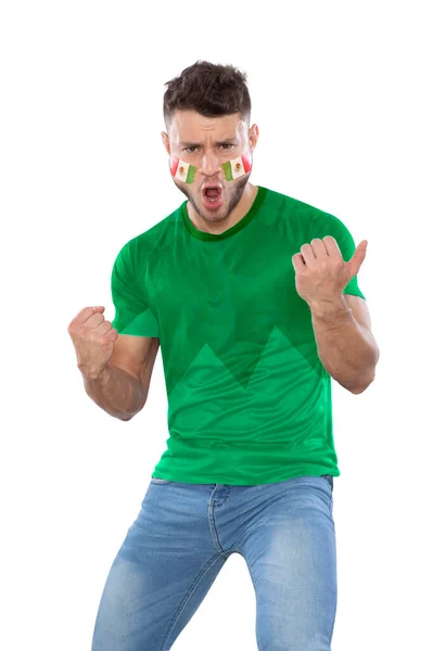 Футбольный Болельщик Зеленой Майке Нарисованным Лицом Флагом Команды Мексики Кричащий — стоковое фото