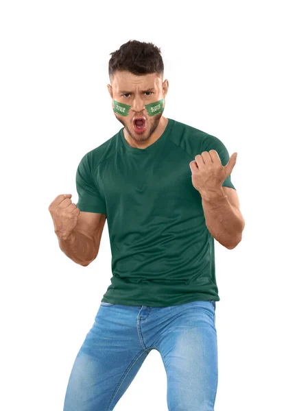 Tifoso Calcio Uomo Con Jersey Verde Volto Dipinto Con Bandiera — Foto Stock