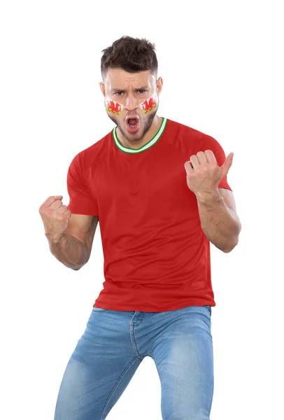 Miłośnik Piłki Nożnej Czerwonej Koszulce Twarzy Pomalowanej Flagą Walii Krzykiem — Zdjęcie stockowe