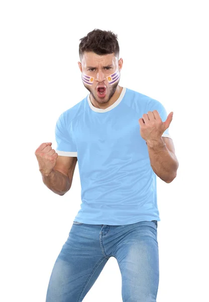 Abanico Fútbol Con Camiseta Azul Claro Cara Pintada Con Bandera — Foto de Stock