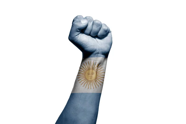 Forte Mano Dell Uomo Nel Segnale Battaglia Con Bandiera Argentina — Foto Stock
