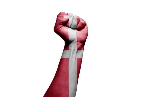 Рука Сильного Чоловіка Бойовому Сигналі Прапором Данії Білому Тлі — стокове фото