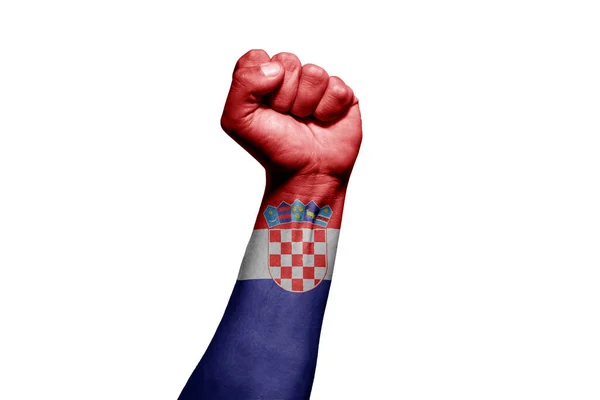 Mão Homem Forte Sinal Batalha Com Bandeira Croácia Fundo Branco — Fotografia de Stock