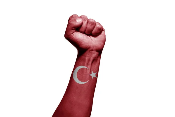 Δυνατό Χέρι Άνδρα Σήμα Μάχης Τουρκική Σημαία Λευκό Φόντο — Φωτογραφία Αρχείου