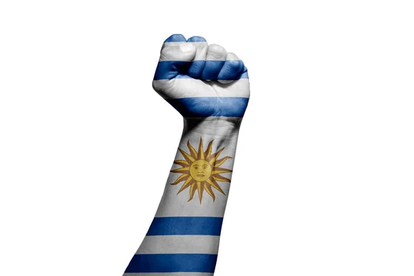 Fuerte Mano Hombre Señal Batalla Con Bandera Uruguay Sobre Fondo — Foto de Stock