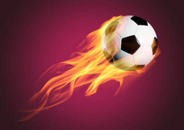 Kırmızı arka planda ateş olan klasik siyah beyaz futbol topu..