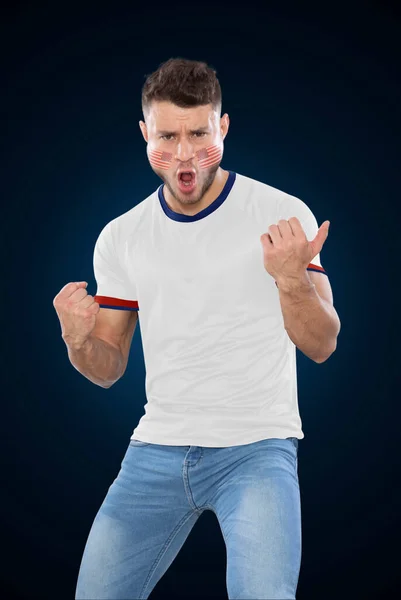 Soccer Fan Man Jersey Face Painted Flag Usa Team Screaming — Stock Photo, Image