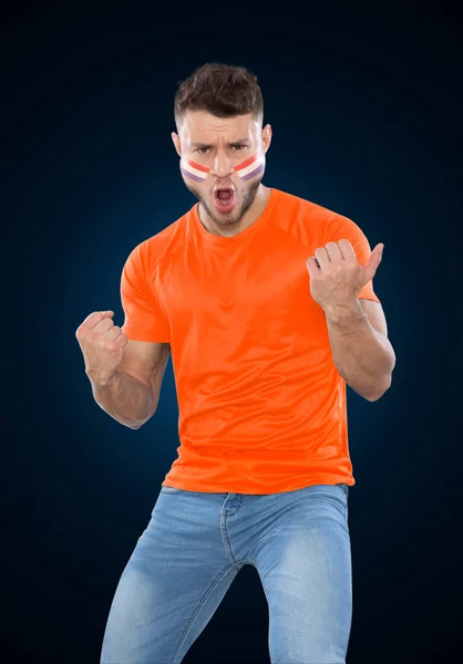 Abanico Fútbol Con Camiseta Naranja Cara Pintada Con Bandera Los — Foto de Stock