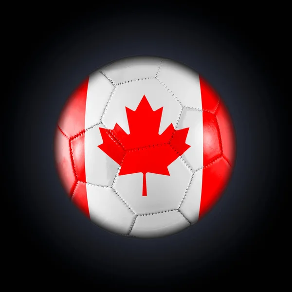 Kanada Bayrağı Taşıyan Futbol Topu Siyah Bir Arka Planda Dünya — Stok fotoğraf