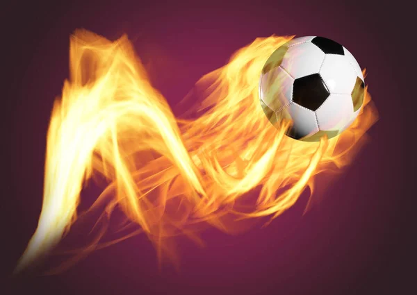 Classico Pallone Calcio Bianco Nero Con Fuoco Sfondo Rosso — Foto Stock