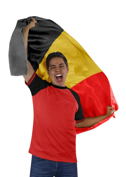 Футбольный Болельщик Флагом Своей Страны Бельгия Джерси Кричат Волнением Победе — стоковое фото