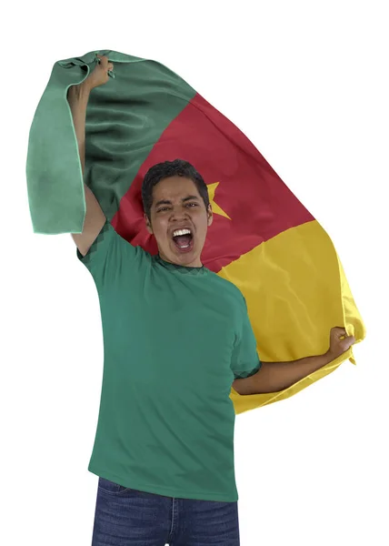 Focirajongó Hazája Zászlajával Kamerun Jersey Érzelmekkel Kiabálva Csapata Győzelméért Fehér — Stock Fotó