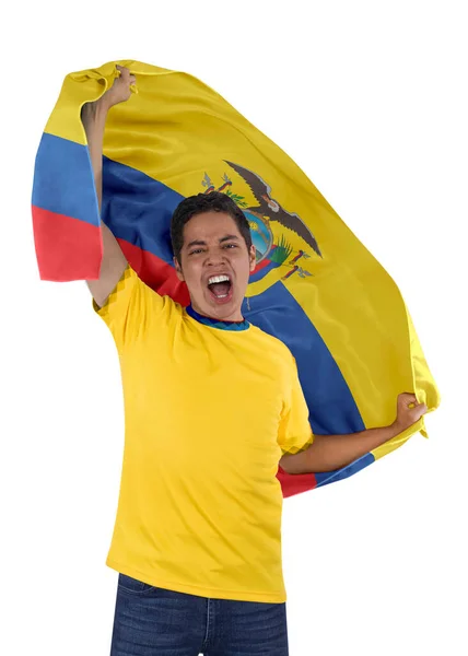 Voetbalfan Met Vlag Van Zijn Land Ecuador Trui Schreeuwend Van — Stockfoto