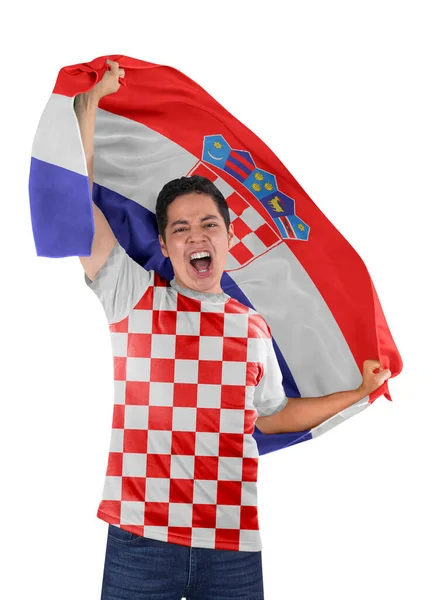 Voetbalfan Met Vlag Van Zijn Land Kroatië Trui Schreeuwend Van — Stockfoto