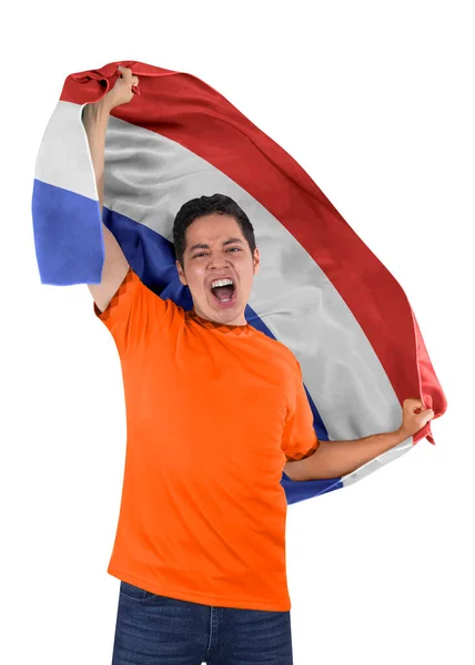 Abanico Fútbol Con Bandera País Holanda Camiseta Gritando Con Emoción — Foto de Stock