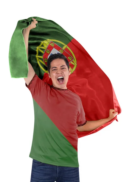 Futebol Com Bandeira Seu País Portugal Camisola Gritar Com Emoção — Fotografia de Stock