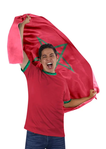 Οπαδός Του Ποδοσφαίρου Σημαία Της Χώρας Του Μαρόκου Και Φανέλα — Φωτογραφία Αρχείου