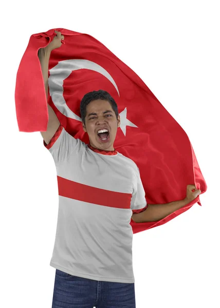 Soccer Fan Flag His Country Turkey Jersey Shouting Emotion Victory — Stock Photo, Image