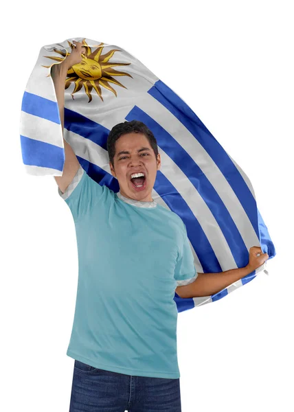 Soccer Fan Flag His Country Uruguay Jersey Shouting Emotion Victory — Stock Photo, Image