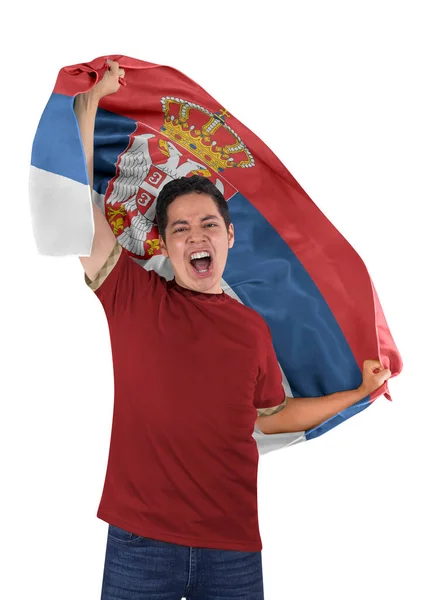 Abanico Fútbol Con Bandera País Serbia Camiseta Gritando Con Emoción — Foto de Stock