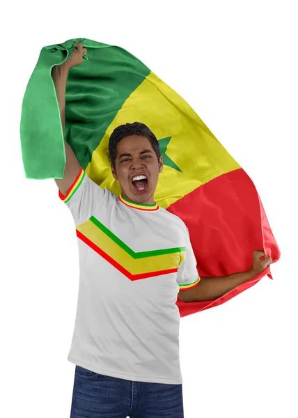 Soccer Rajongó Zászló Hazája Szenegál Jersey Kiabál Érzelemmel Győzelem Csapata — Stock Fotó