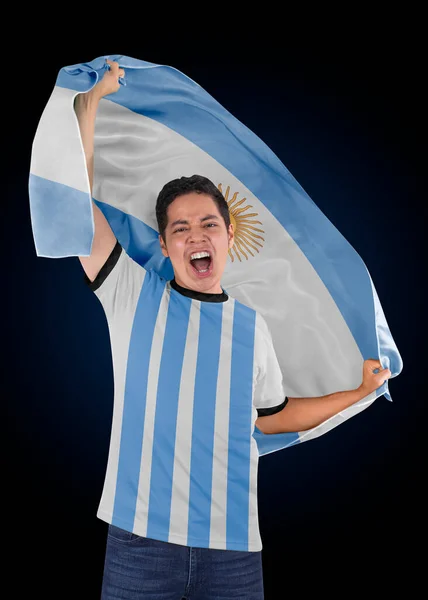 Futebol Com Bandeira Seu País Argentina Camisa Gritando Com Emoção — Fotografia de Stock