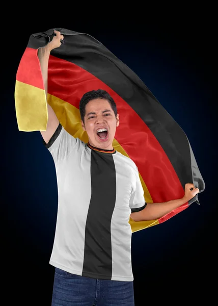 Футбольный Болельщик Флагом Своей Страны Германия Джерси Кричат Волнением Победе — стоковое фото