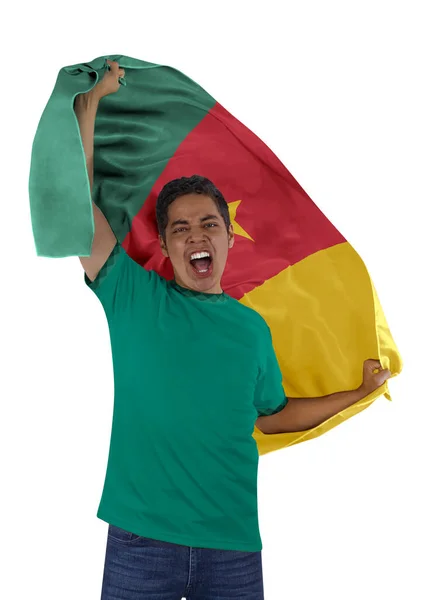 Soccer Fan Flag His Country Cameroon Jersey Shouting Emotion Victory — Stock Photo, Image