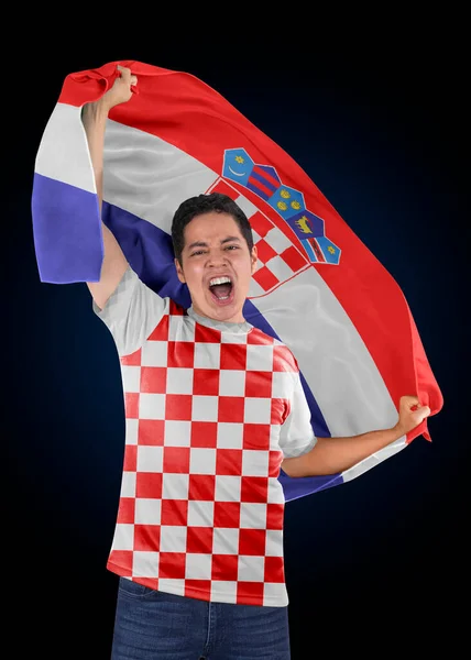 Fotbalový Fanoušek Vlajkou Své Země Chorvatsko Dres Křičí Emocemi Vítězství — Stock fotografie