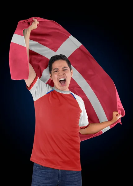 Fotboll Fläkt Med Flaggan Sitt Land Danmark Och Jersey Skrika — Stockfoto