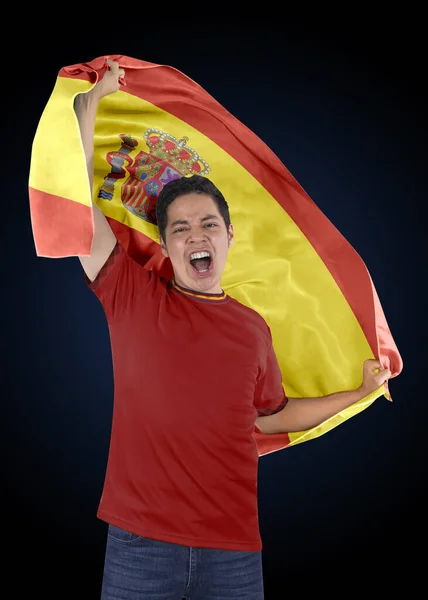 Abanico Fútbol Con Bandera País España Camiseta Gritando Con Emoción — Foto de Stock