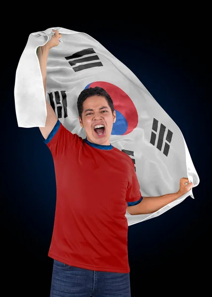 Voetbalfan Met Vlag Van Zijn Land Korea Republic Trui Schreeuwend — Stockfoto