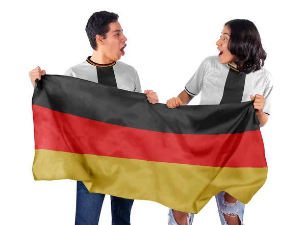 Glückliches Paar Fußballfans Mit Weiß Blauer Trikotfahne Des Landes Deutschland — Stockfoto