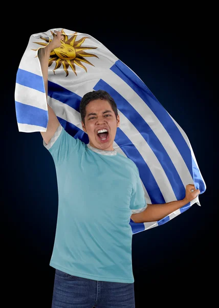 Футбольный Болельщик Флагом Своей Страны Уругвай Джерси Кричит Волнением Победе — стоковое фото