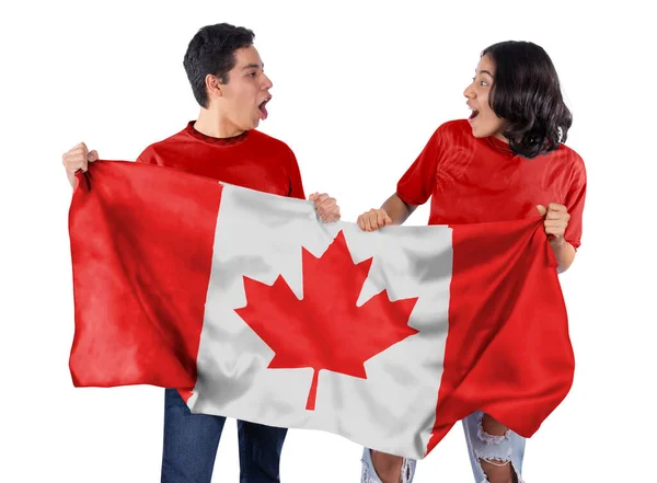 Feliz Casal Homem Mulher Fãs Futebol Com Bandeira Vermelha Jersey — Fotografia de Stock