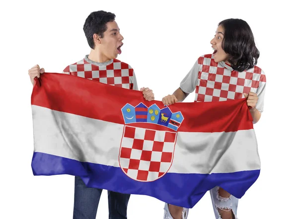 Happy Couple Man Vrouw Voetbalfans Met Rode Witte Trui Vlag — Stockfoto