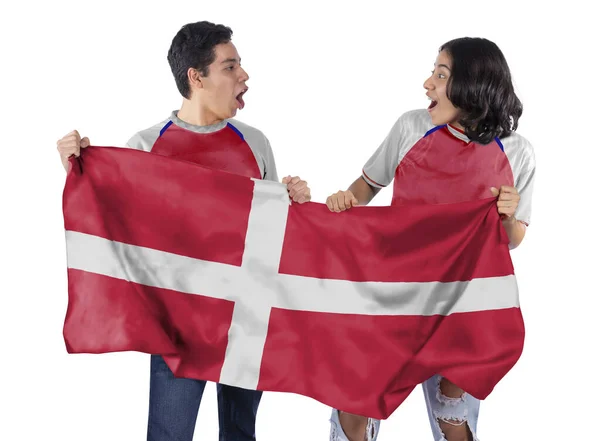 Счастливая Пара Мужчина Женщина Футбольные Фанаты Красным Флагом Дании Белом — стоковое фото