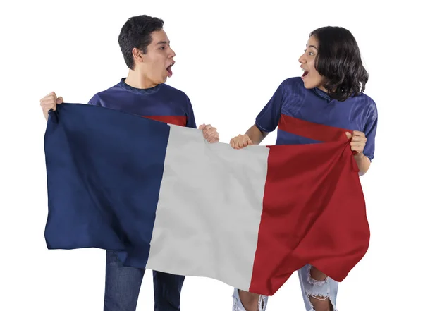 Happy Couple Man Woman Soccer Fans Blue Jersey Flag France — Stock Photo, Image