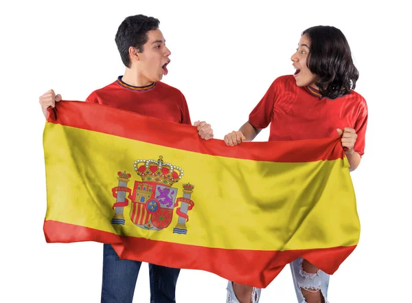 Ευτυχισμένο Ζευγάρι Ανδρών Και Γυναικών Οπαδούς Ποδοσφαίρου Κόκκινη Σημαία Φανέλα — Φωτογραφία Αρχείου