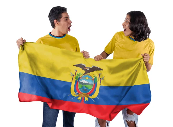 Pareja Feliz Hombre Mujer Fanáticos Del Fútbol Con Bandera Jersey —  Fotos de Stock