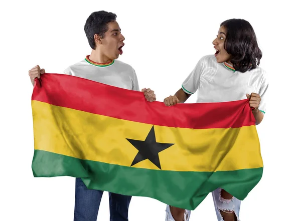 Happy Couple Férfi Női Foci Rajongók Fehér Mez Zászló Ghána — Stock Fotó