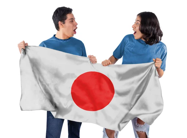 身穿日本蓝色球衣 背景为白色背景的快乐情侣男女球迷 — 图库照片