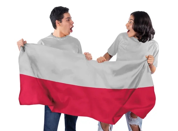 Feliz Casal Homem Mulher Fãs Futebol Com Bandeira Camisa Branca — Fotografia de Stock