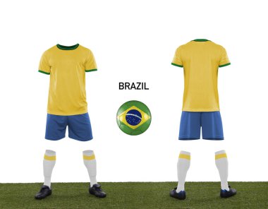 Brezilya milli takımının bayrağını taşıyan üniforma ve top Katar 2022 'de beyaz bir arka planda çimen zeminiyle yer alıyor..