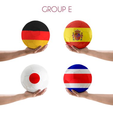 Grup E-Hand takımlarının takımları beyaz arka planda dünya kupası Katar 2022. İspanya, Almanya, Japonya, Kosta Rika,