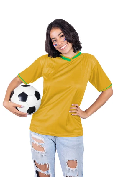 Young Soccer Fanatic Woman Yellow Sports Jersey Ball His Hands — Stock Photo, Image