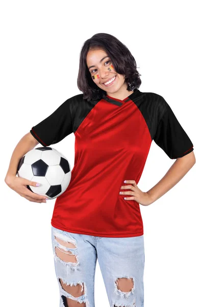 Joven Mujer Fanática Del Fútbol Con Camiseta Deportiva Negra Roja — Foto de Stock