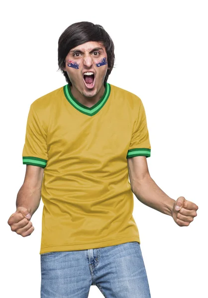 Soccer Fan Man Jersey Face Painted Flag Australia Team Screaming — Stock Photo, Image